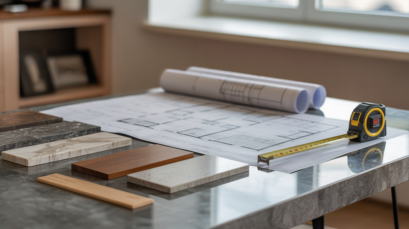 Organized blueprints, material samples, and measuring tape symbolizing transparent client progress reporting in property development.