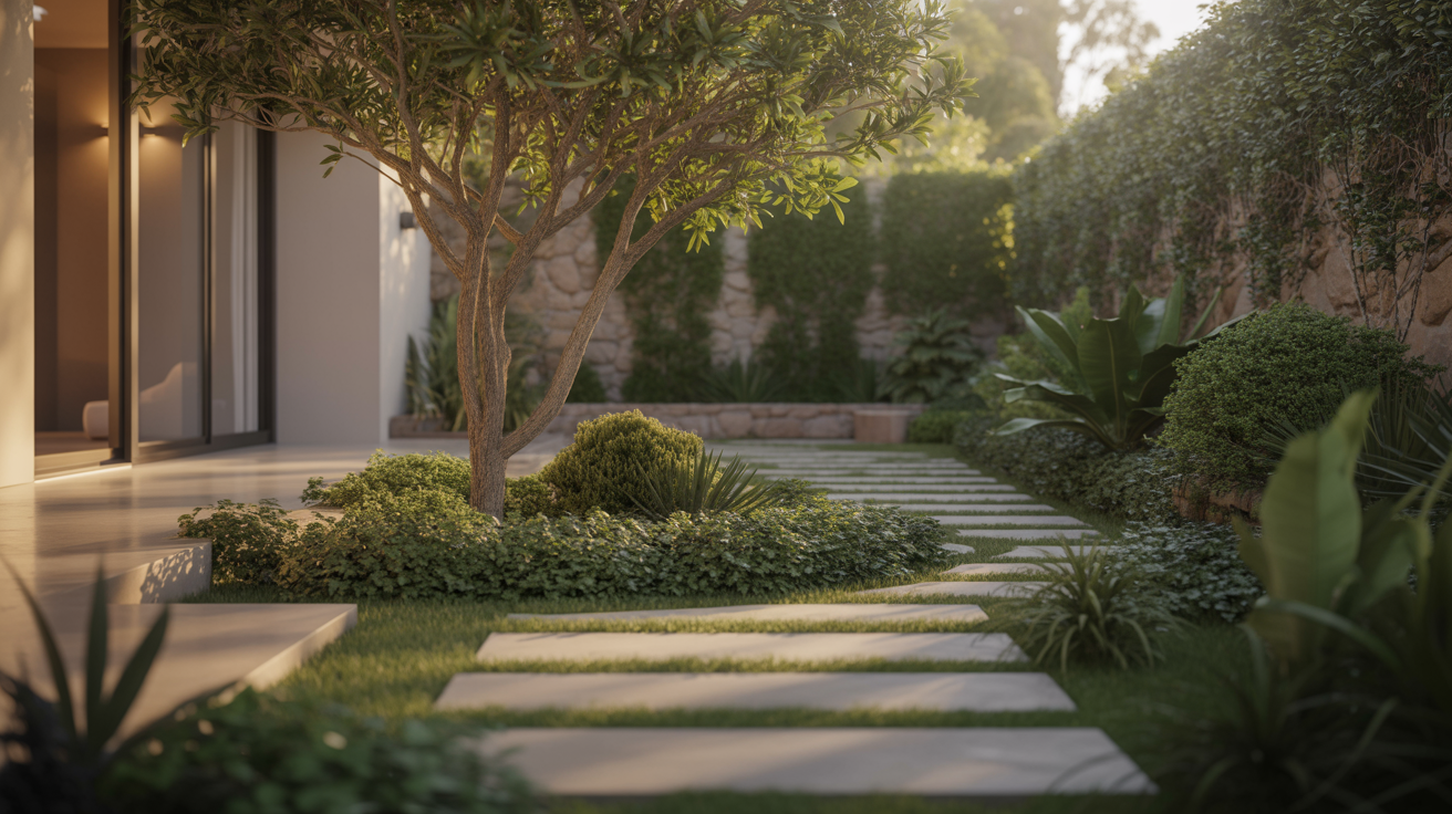Luxury garden design with stone pathway, layered plants, and mature specimen tree, showcasing high-end horticulture and bespoke landscaping.