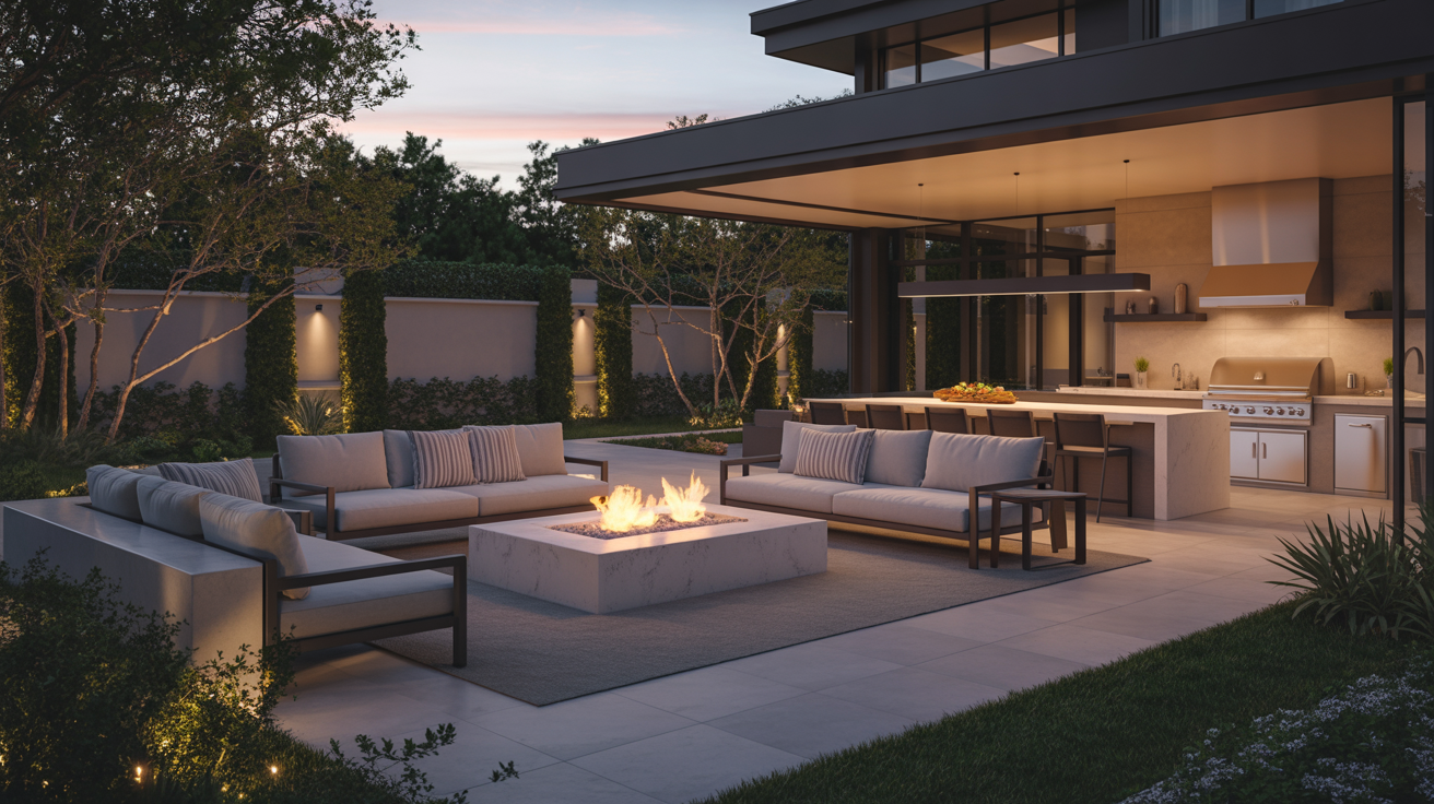 Luxurious outdoor patio featuring a high-end kitchen, comfortable lounge seating, and a fire pit, designed for upscale outdoor living and entertainment.