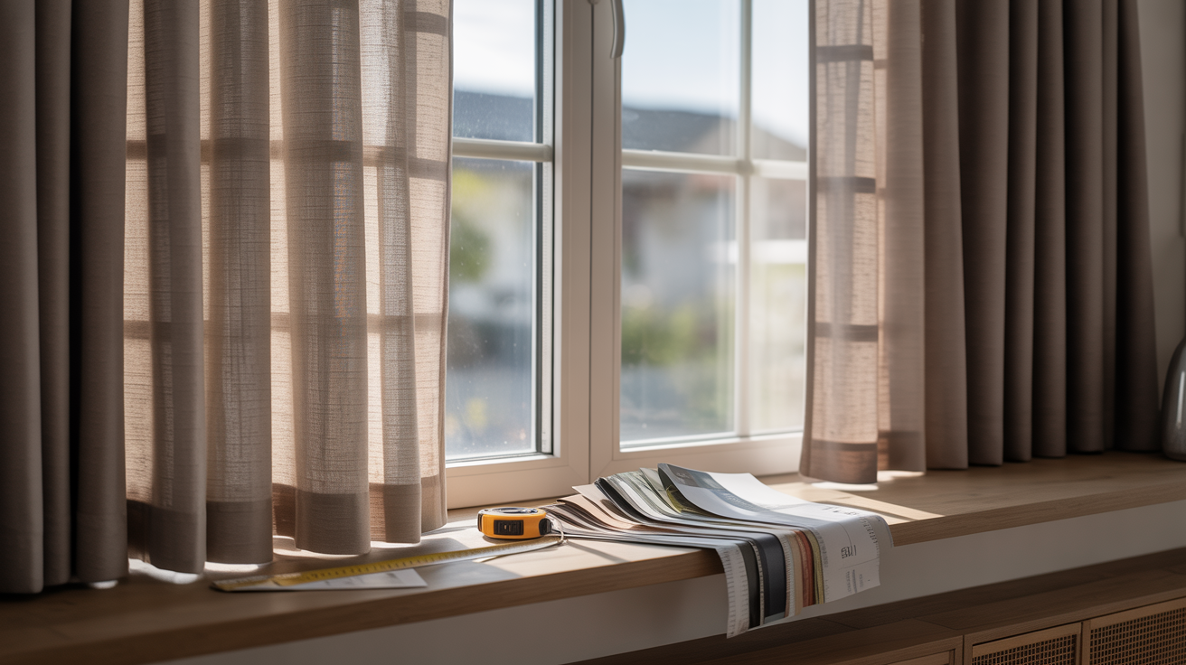 Custom linen curtains on a sunlit window with fabric swatches, illustrating guide to sourcing and installing elegant window treatments.