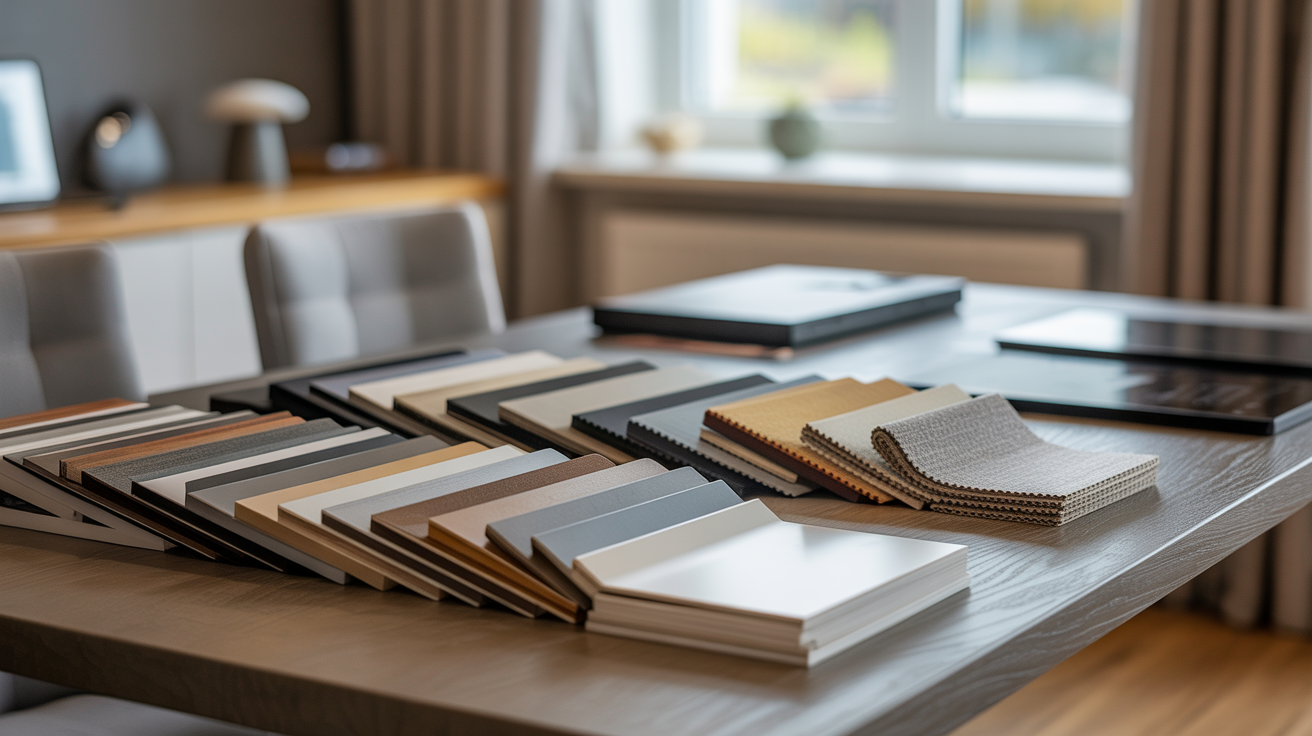 ALT TAG: Window treatment samples like fabric swatches and blind materials on wood table, showcasing custom home decor options, elegant and versatile.