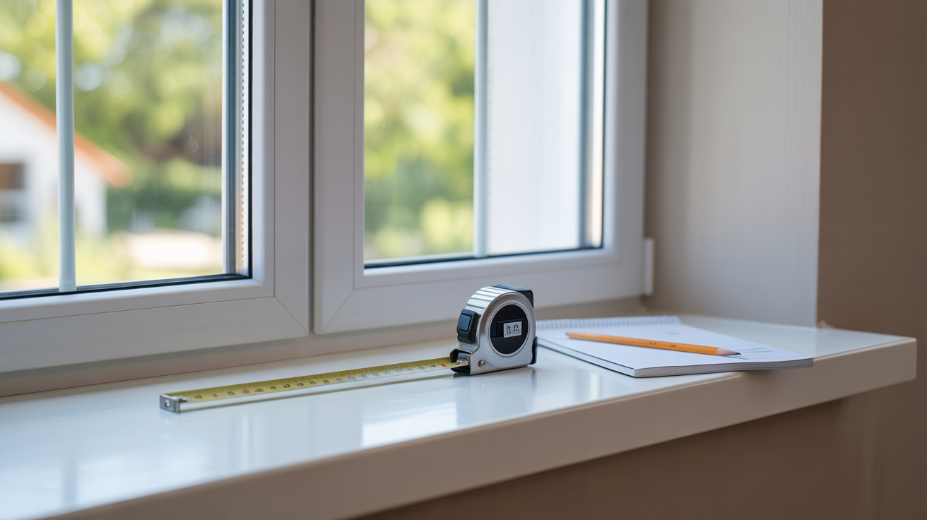 Measuring windows for blinds: A clean window sill with a measuring tape, pencil, and notepad, ready for accurate DIY custom blind fitting.