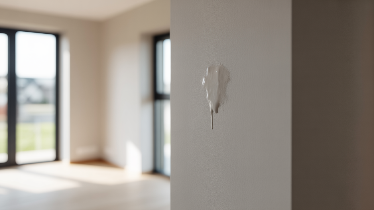 ALT TAG: Close-up of newly painted wall corner in a new home, showing a tiny imperfection highlighting the snagging inspection process and new home quality standards.