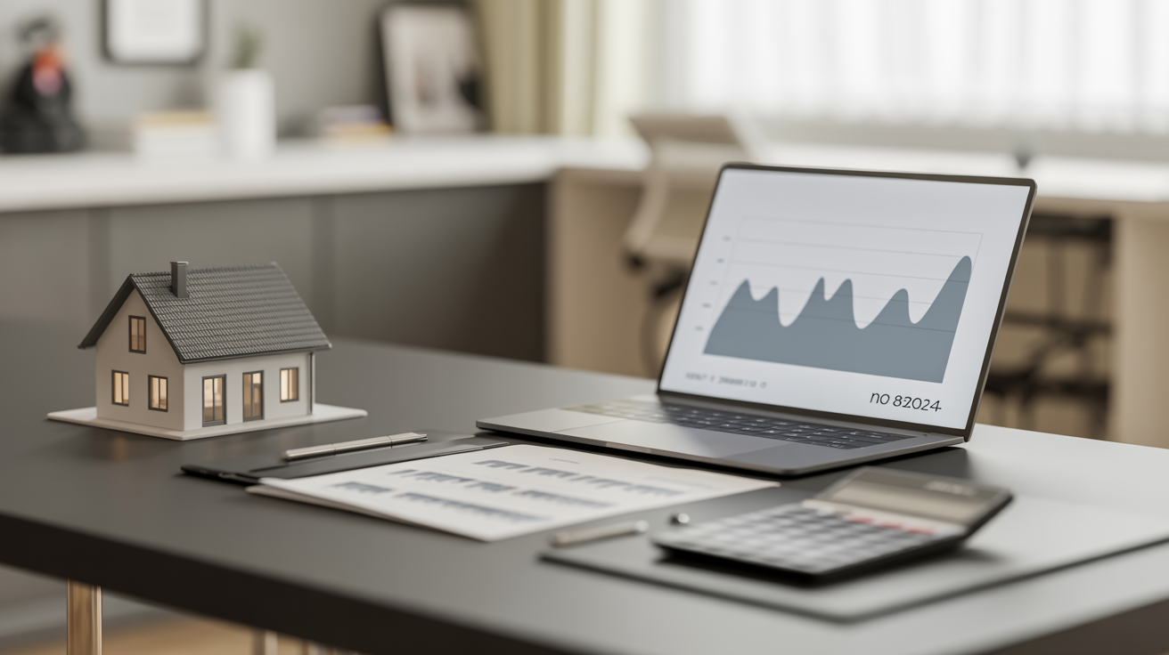 Real estate accounting desk: laptop with financial graph, documents, calculator, small house model. Clean, professional, strategic.