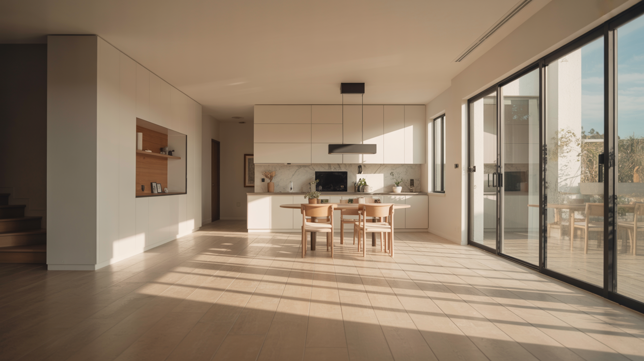 Open-plan modern living room with sunlight, showcasing clean lines and minimalist decor, a bright and inviting residential interior.