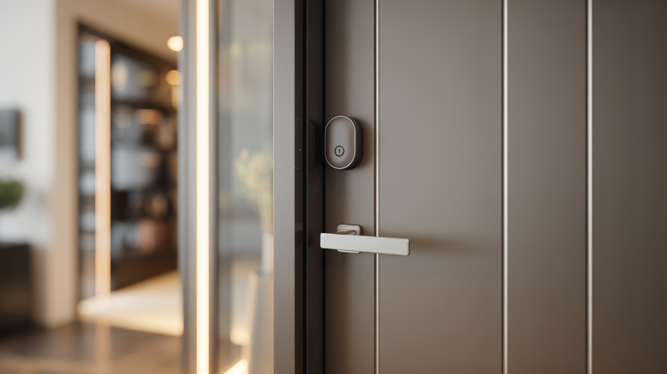 ALT TAG: Modern front door with a smart lock, enhancing property security and managed access for efficient service coordination in a residential setting.