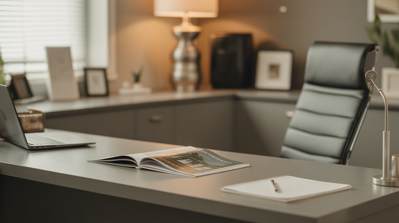ALT TAG: Organized desk in a community services office with a resource guide, symbolizing resident support and program planning services.