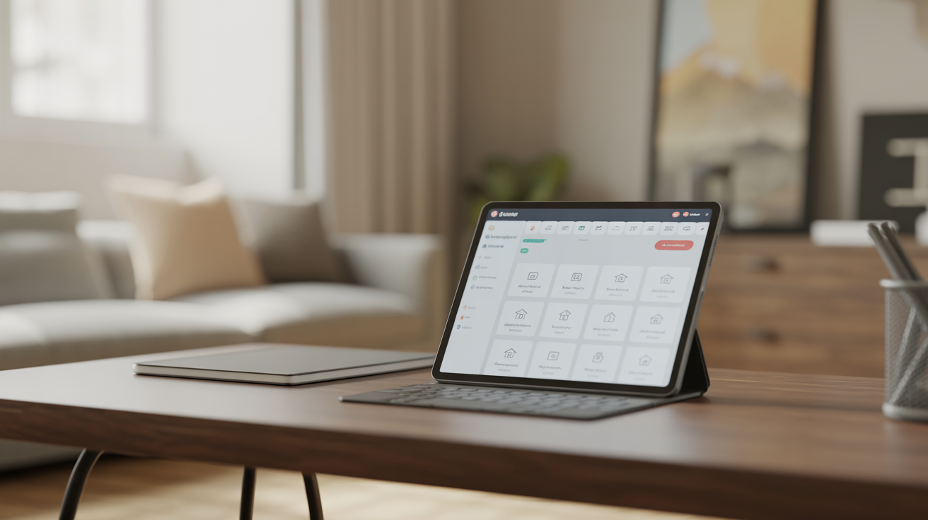 Modern property management technology interface on a tablet in a sleek home office, showcasing streamlined real estate operations.