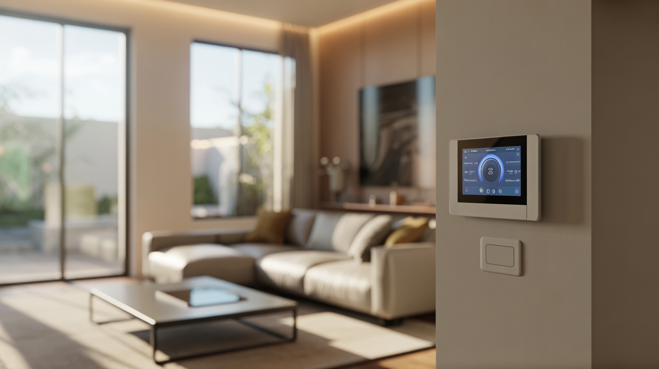 ALT TAG: Smart home technology in modern living room with thermostat and tablet, for integrated energy management and convenient living.