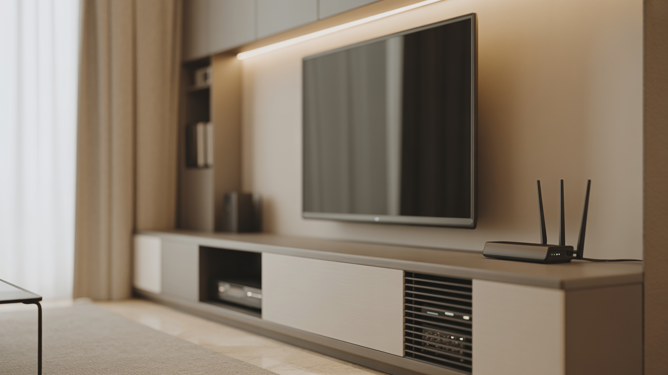 ALT TAG: Internet and TV setup in a modern living room with sleek TV, Wi-Fi router, and modem for seamless new home connectivity and entertainment.