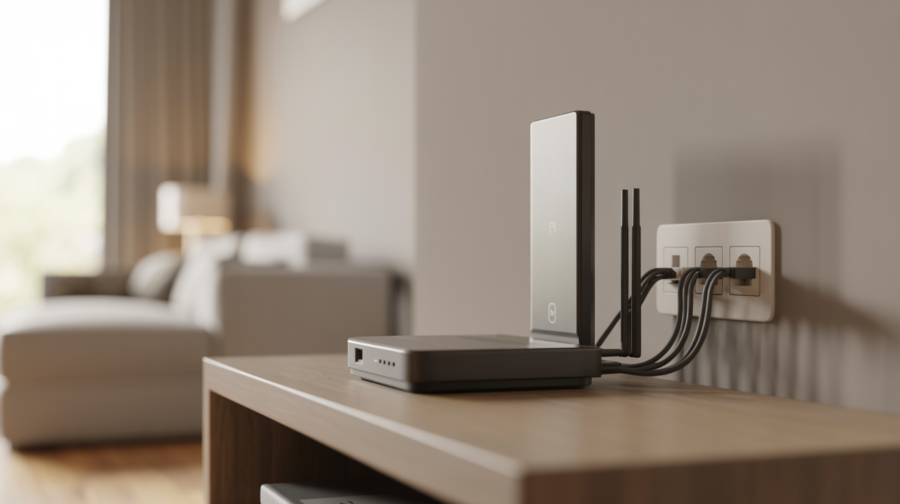 ALT TAG: Modern internet setup with modem and router on a shelf in a new home, representing easy internet service transfer and equipment configuration.