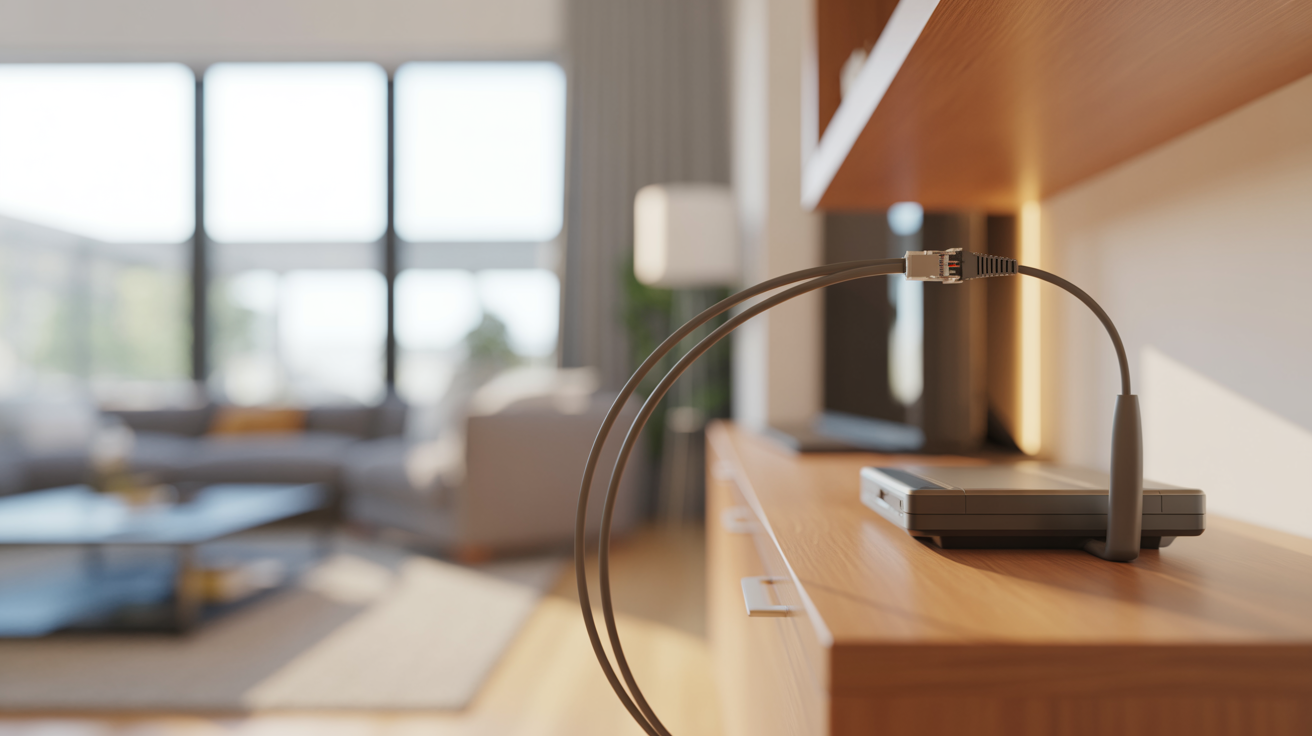 ALT TAG: Modern internet modem with a securely connected coaxial cable on a shelf, depicting home network troubleshooting, clear and professional image.