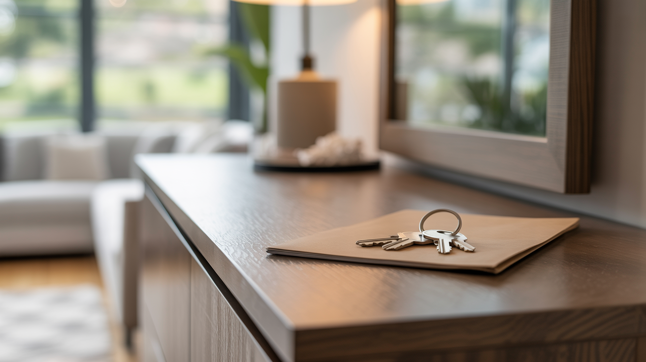 Property handover scene with new house keys and welcome folder on wooden console table in a modern entryway, illustrating a smooth transition.